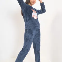 Sweet Dreams Navy Fleece Self Full Sleeves Top and Pyjama image 3