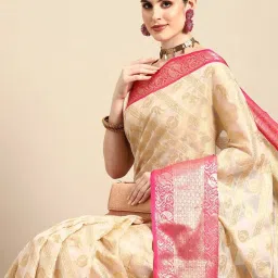 Silk Land Off-White & Pink Woven Saree With Unstitched Blouse image 3