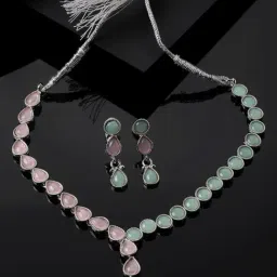 Zeneme Rhodium Plated AD Studded Necklace and Earring Jewellery Set-image-59