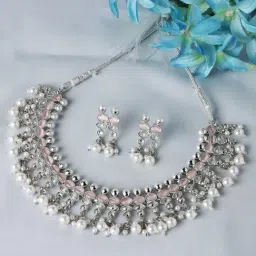 Zeneme Rhodium Plated AD Pearl Studded Necklace and Earrings Jewellery Set-picture-42