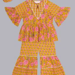 Budding Bees Girls Mustard & Pink Floral Print Top, Sharara & Scrunchies-picture-31