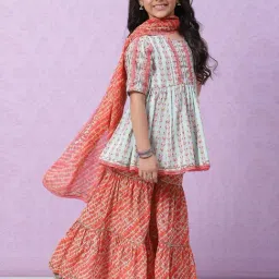 biba girls Biba Kids Green & Red Cotton Printed Kurta Set image 4