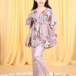 Piccolo Girls Purple Batwing Seamless Vintage Printed & Zari Motif Designed Kaftan Kurta With Pant image 4