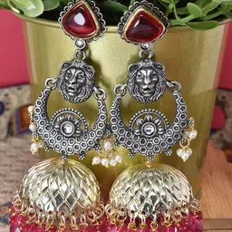 MEIRA JEWELLERY Silver Plated Artificial Stones Studded And Beaded Dome Oxidised Jhumkas image 1