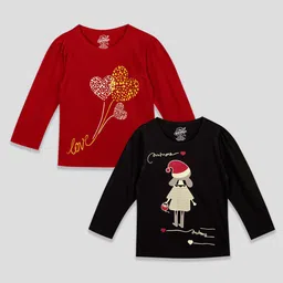 The Sandbox Clothing Co Pack Of 2 Full Sleeves Girl Love & Hearts Printed Tees - Black & Red-picture-25