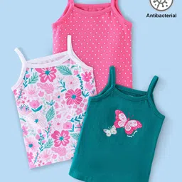 Babyhug 100% Cotton Knit Singlet Antibacterial Slips Floral Print Pack of 3 - Pink White & Teal-picture-12
