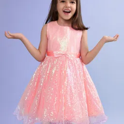 Babyhug Sleeveless Fit and Flare Sequinned Frilled Party Frock with Bow - Peach-picture-15
