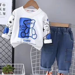 Googo Gaaga Cotton Full Sleeves Teddy Printed Sweatshirt & Joggers Set - White-picture-22