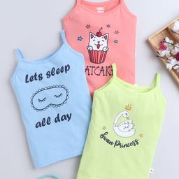 Bumzee Cotton Knit Singlet Sleeves Kitten & Bird Printed Slips Pack of 3 - Green Blue & Pink-picture-18