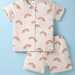 Ollypop Sinker Knit Half Sleeves Shorts Nightsuit with Rainbow Print - Cream-picture-35