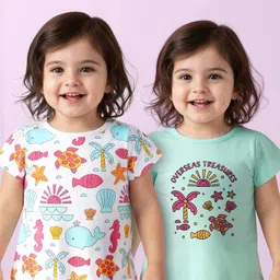 Doodle Poodle 100% Cotton Knit Half Sleeves Tops with Sea Life Print Pack of 2 - Light Blue & White-picture-17