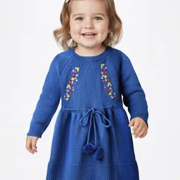 Babyoye 100% Cotton Knit Full Raglan Sleeves Woollen Dress with Floral Embroidery - Blue-picture-22
