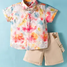 ToffyHouse Cotton Woven Half Sleeves Floral Printed Party Shirt & Shorts Set with Bow & Suspender - Khaki-picture-36