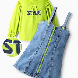 OLLINGTON ST. Cotton Full Sleeves Top & Denim Pinafore With Text Print - Lime & Indigo-picture-29