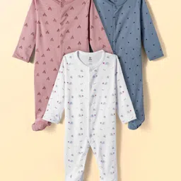 I Bears Interlock Knit Full Sleeves Footed Night Suit With Animal Print Pack Of 3 - Blue White & Rose Gold-picture-15