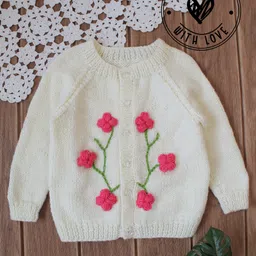 Woonie Hand Knitted Full Sleeves Floral Embroidered Sweater - Cream-picture-14