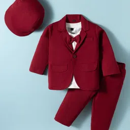 Robo Fry Cotton Woven Full Sleeves Solid Color Party T-Shirt & Trouser Set with Blazer Cap & Bow Applique - Maroon-picture-12