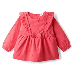 Babyhug 100% Cotton Full Sleeves Stiffly Top & Leggings With Floral Print - Red & White image 2