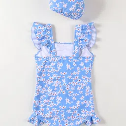 Mark & Mia Frill Sleeves V Cut Swimsuit With Floral Print & Swimming Cap - Light Blue image 2
