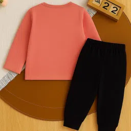 Luke and Lilly Cotton Blend Knit Full Sleeves Be Kind Text Printed Tee & Pant Set - Coral & Black image 3