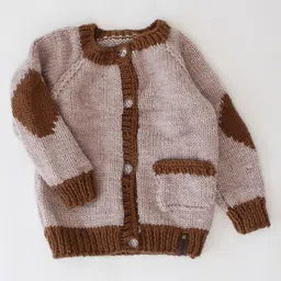 Woonie Full Sleeves Colour Blocked Pocket Detailed Cardigan - Beige image 4