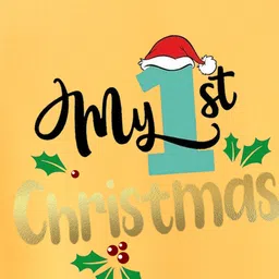 BLUSHES Christmas Theme 100% Cotton Half Sleeves My 1st Christmas Text Printed Tee - Yellow image 4