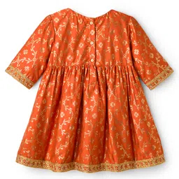 EARTHY TOUCH Cotton Woven Half Sleeves Ethnic Dress With Floral Print & Embriodery - Rust Orange image 3