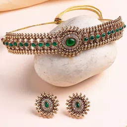 KARATCART Gold-Plated Green Oval Stone Choker Necklace Set-picture-12