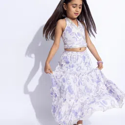 Taffykids 100% Cotton Sleeveless Floral Printed Lace Embellished Top & Tiered Skirt Set - White & Purple image 5