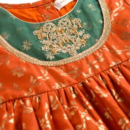 EARTHY TOUCH Cotton Woven Half Sleeves Ethnic Dress With Floral Print & Embriodery - Rust Orange image 4