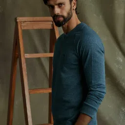 ANDAMEN Blue Melange Regular Fit Henley T-Shirt image 3