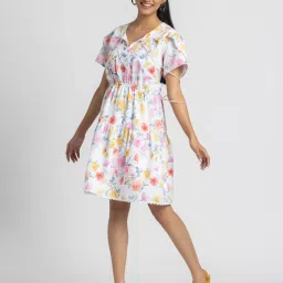 SHAYE White Round Neck Floral Print Short Sleeves Casual Dress For Women image 3