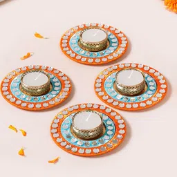 Nestasia Blue & Red 4 Pieces Mirror Work Embellished Tea Light Candle Holders image 1