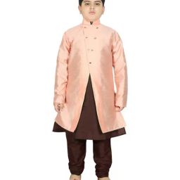 SG Yuvraj Kids Peach & Brown Textured Pattern Full Sleeves Kurta Set-picture-16