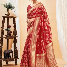 Satrani Red Silk Blend Woven Saree With Unstitched Blouse image 3