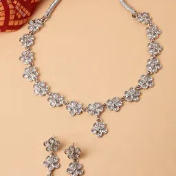 Zeneme Rhodium Plated Flower AD Studded Necklace and Earring Jewellery Set-image-3