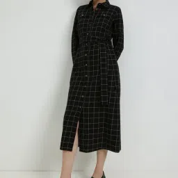 Fablestreet Black Cotton Regular Fit Checked Dress image 3