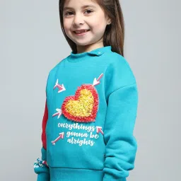 Monte Carlo Girls Teal Printed Round Neck Cotton Blend Sweatshirt image 3