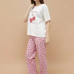Ginger By Lifestyle Off White Cotton Regular Fit Printed Pyjama Set image 3