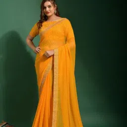 Odette Yellow Poly Chiffon Bandhani Saree with Unstitched Blouse-picture-34