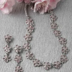 Zeneme Rhodium Plated Flower Shaped AD Studded Necklace and Earrings Jewellery Set-image-22