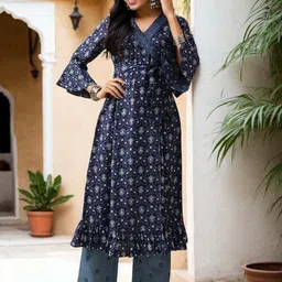 Anouk Floral Printed V-Neck Pure Cotton Angrakha Kurta With Palazzo-image-65