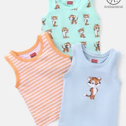 Babyhug 100% Cotton Antibacterial Sleeveless Vests Tiger Print Pack of 3 - Mint Blue & Orange-picture-24