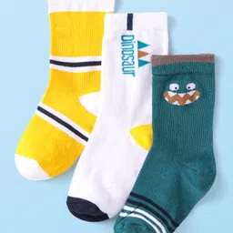 Cute Walk By Babyhug Cotton Knit Anti-Bacterial Ankle Length Socks With Dino Design Pack of 3 - White Green & Yellow-picture-22