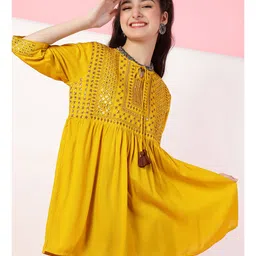 ISHTI Rayon Full Sleeves Sequins & Tassel Embellished Frock Style Top - Yellow-picture-28