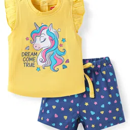 Babyhug Cotton Knit Frill Sleeves Shorts Night Suit with Star & Unicorn Print - Yellow & Navy Blue-picture-26