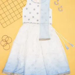 Akkriti by Pantaloons Cotton Sleeveless Floral Embroidered Sequins Embellished Ombre Lehenga Choli With Dupatta Set - White-picture-24