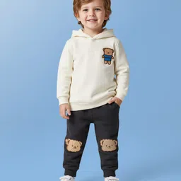 Mark & Mia Cotton Full Sleeves Hooded Sweatshirt & Lounge Pant Set With Animal Embriodery - Cream & Black-picture-34