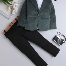 Fourfolds Velvet Woven Full Sleeves Textured Blazer With Hope Text Printed Tee & Pant Set - Grey-image-58