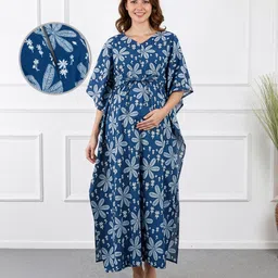 Bella Mama Cotton Woven Half Sleeves Maternity Kaftan Nighty with Floral Print - Blue-picture-26